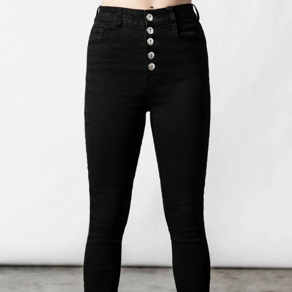 NEW Killstar Ravens Cross black skinny jeans LARGE buttons cross pattern